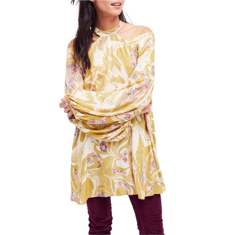 Free People Drift Away Tunic Dress Cold Shoulder Chartreuse women’s sz Large