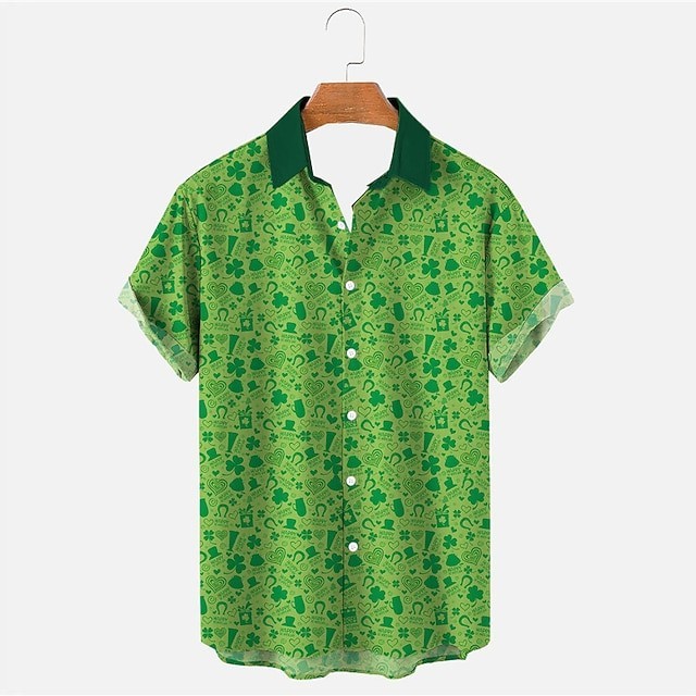 Retro St Patricks Day Hawaiian Shirt Lucky Clover Green Short Sleeve Holiday Top