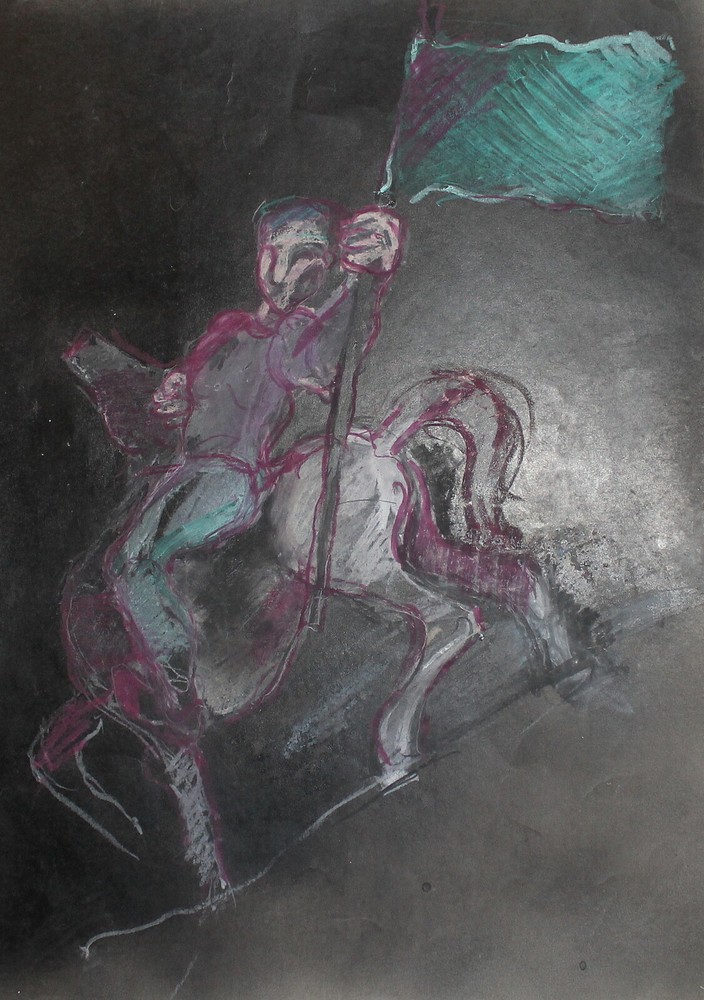VINTAGE ABSTRACT PASTEL PAINTING PORTRAIT HORSE RIDER WITH FLAG