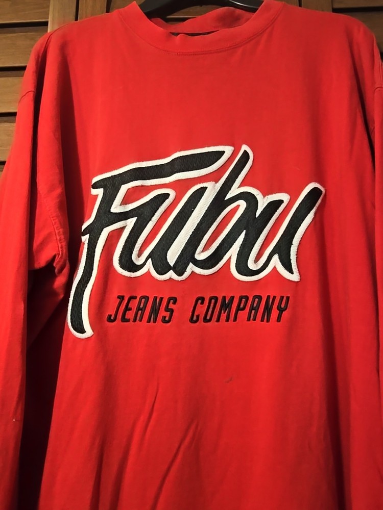 Vintage FUBU Jeans Company Red Long Sleeve Script Logo T-Shirt Size L