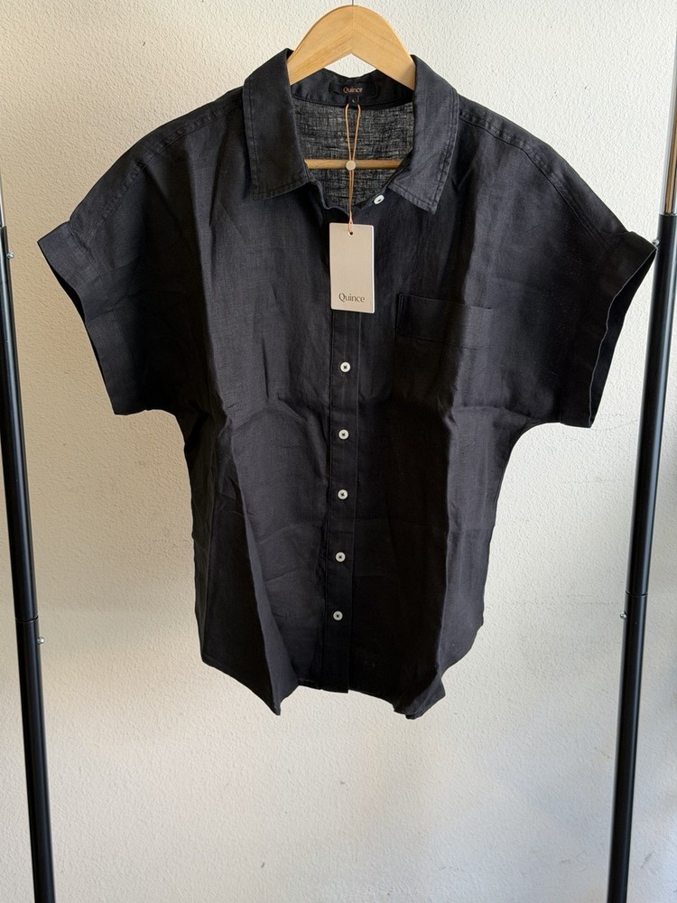 Quince Women’s 100% Linen Short Sleeve Button Front Shirt Black Size Large NWT