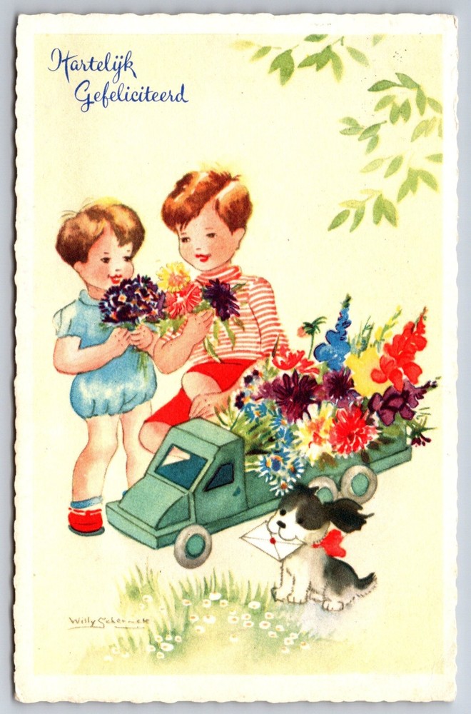 Comic~Congratulations~Boy & Girl W/ Dog & Flower Truck~Dutch~PM 1960~Postcard
