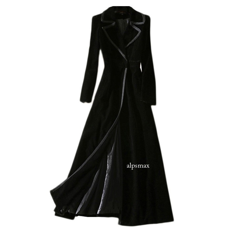 Womens Black Velvet Suit Lapel Collar Coats Trench Slim Maxi Outwear Overcoat