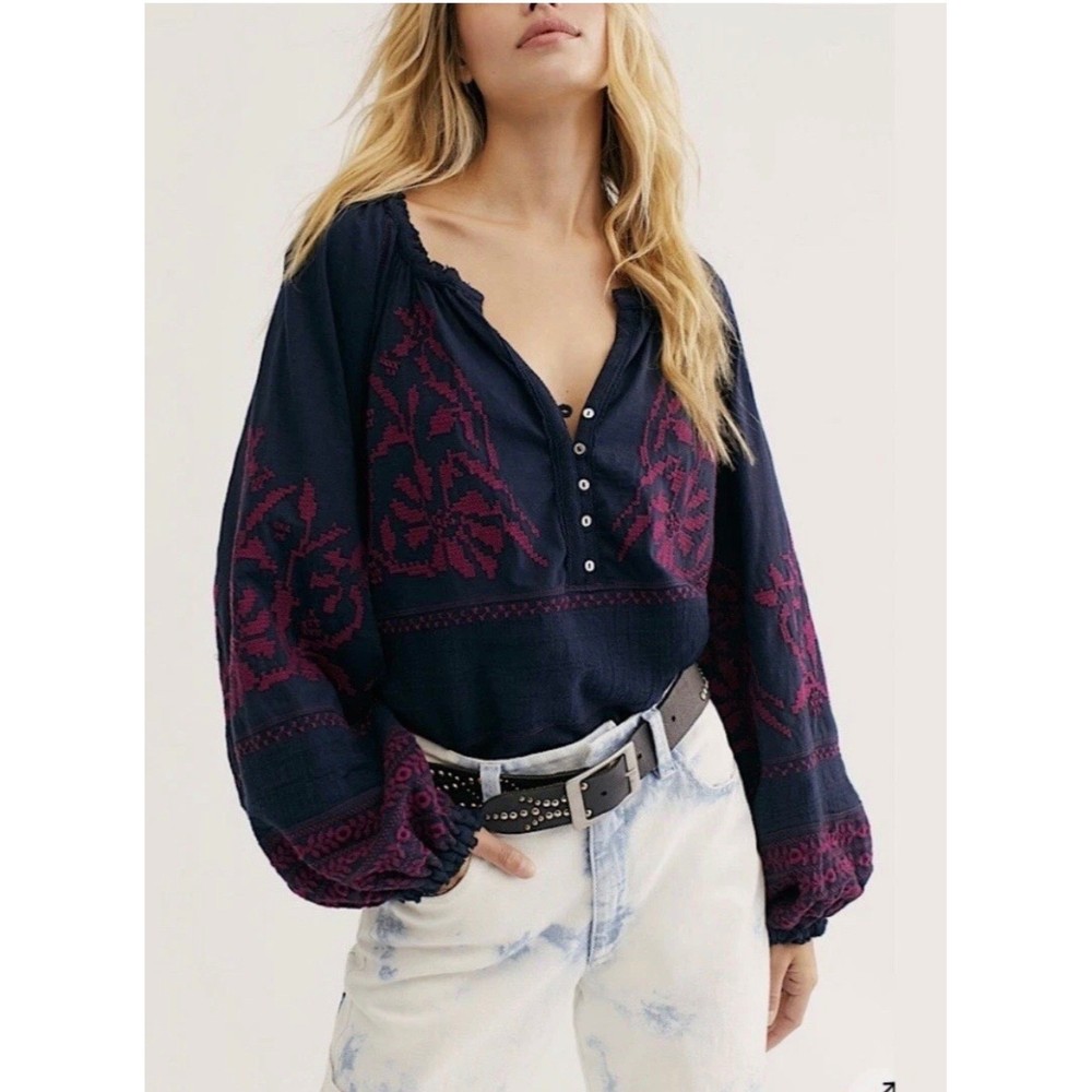 Free People Persuasion Embroidered Peasant Tunic Blouse M Boho Cottagecore