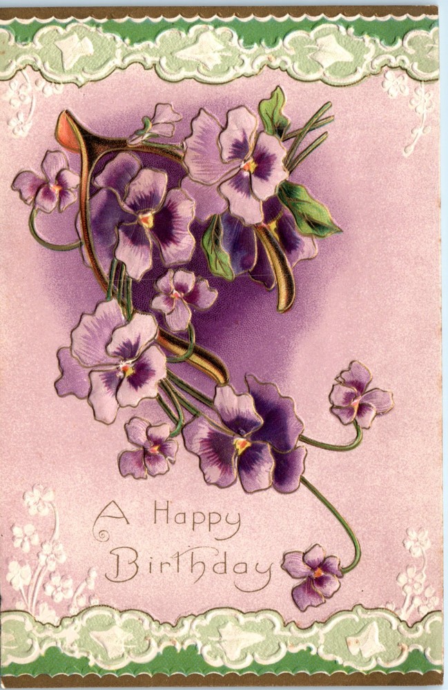 Vintage - Lovely Art Nouveau Purple Flowers Embossed Birthday - Postcard - P12