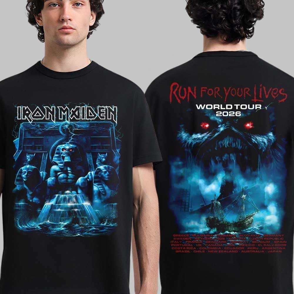 Iron Maiden Run For Your Lives World Tour 2026 T-Shirt Powerslave 2 Sided Tee