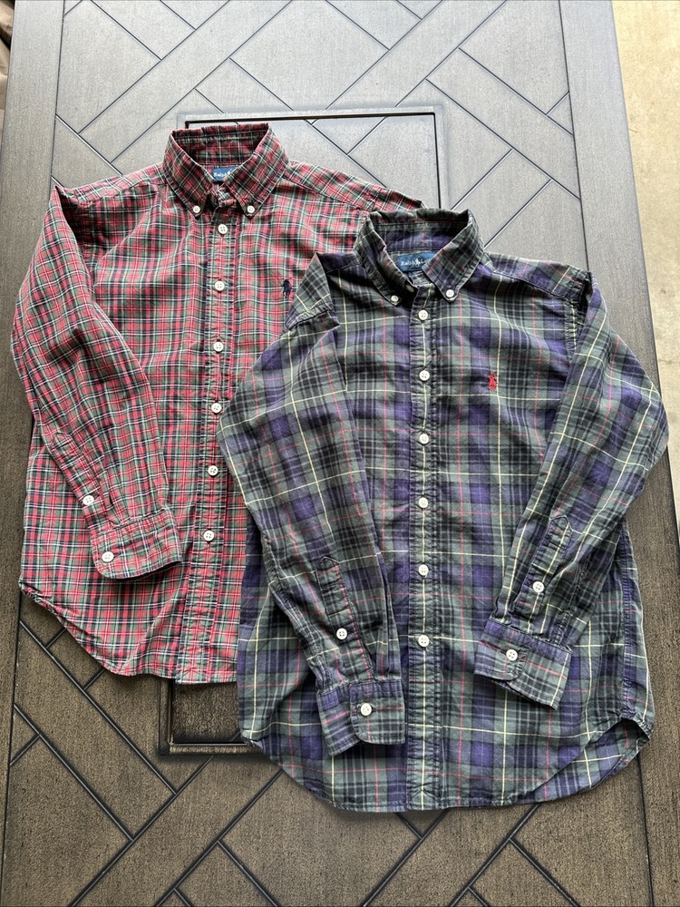 Ralph Lauren Boys Size 8 Small Button Down Shirt Lot (2) Plaid 100% Cotton Pony