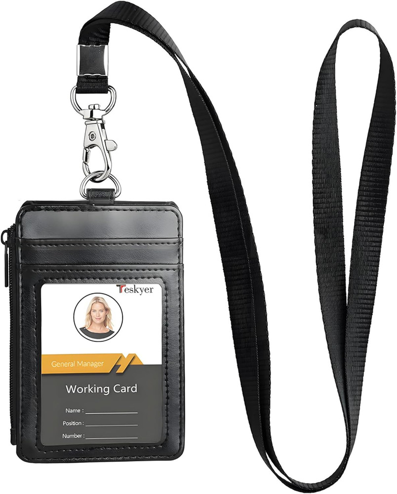 ID Badge Holder with Lanyard, 1 Zip Pocket and 4 Card Slots, Lanyard ID Card Hol