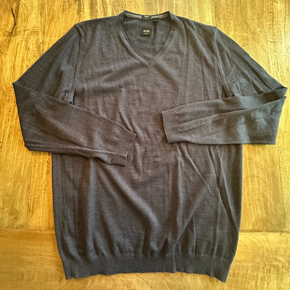 Hugo Boss Sweater XL Blue Extrafine Merino Wool V-Neck Pullover Slim Fit Mens