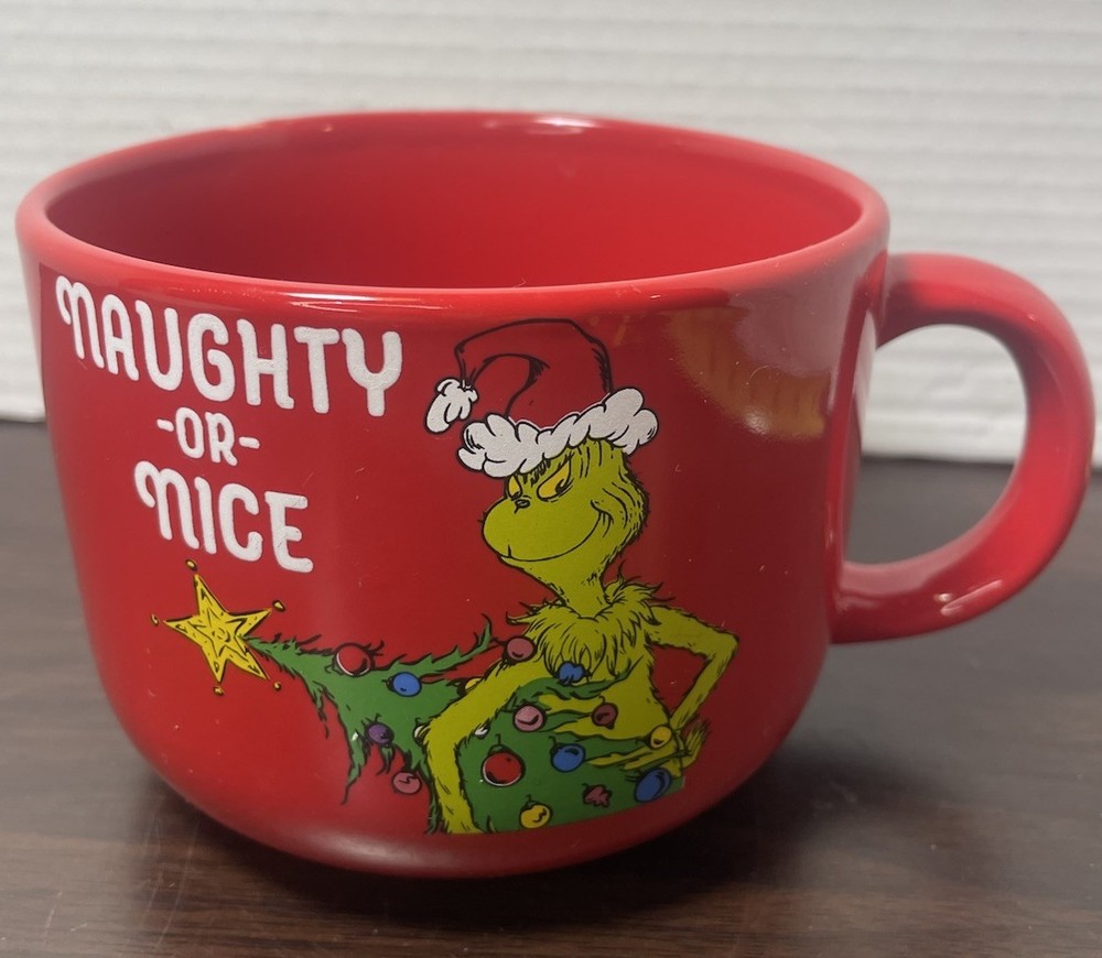 The Grinch Naughty Or Nice ~Over-Sized Coffee Or Soup Mug~Red 4.5” Tall 3.5” W