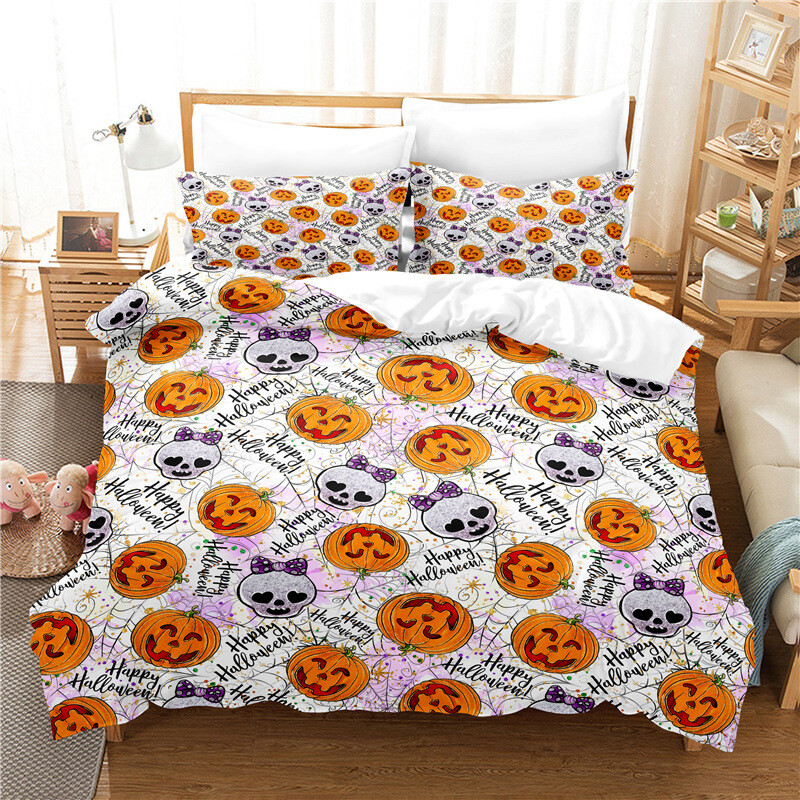 Happy Skull Pumpkin Print Twin Queen Duvet Cover Set with Pillowcases  