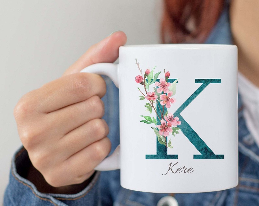 Personalized Monogram Initial Name Mug Floral Alphabet Cup Birthday Gift
