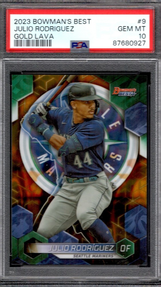 2023 Bowman's Best - Julio Rodriguez - #9 Gold Lava Refractor /75 - PSA 10 MINT