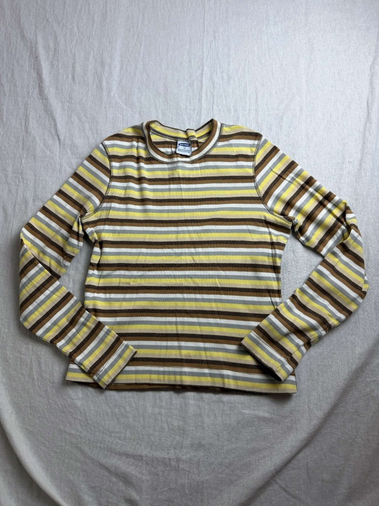 Vintage 90s Y2K Old Navy Shirt Mens M Yellow Brown Striped Skater Long Sleeve