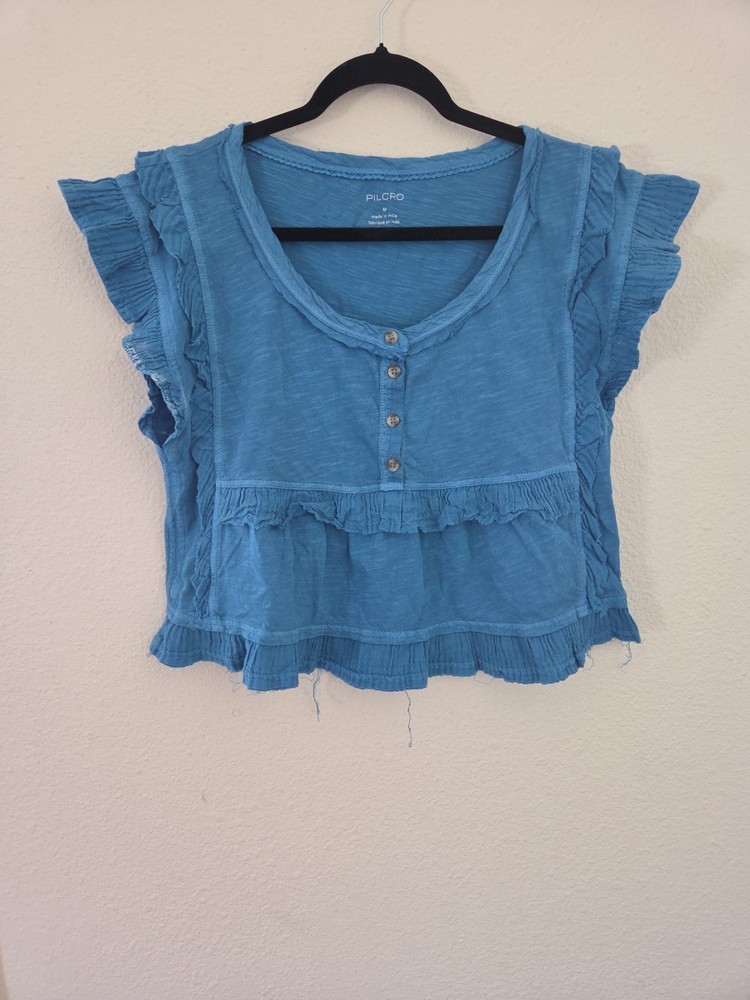 Women's anthropology pilcro blue ruffle short sleeve top Sz M