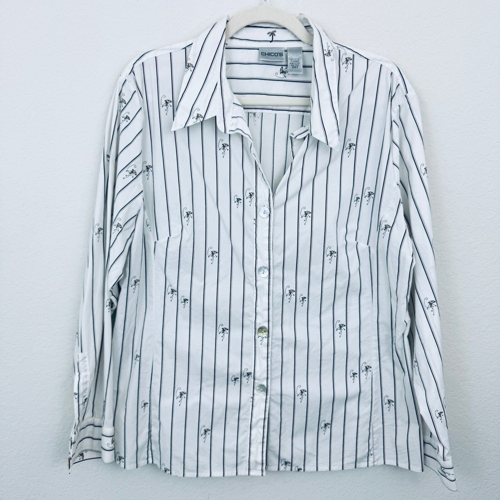 Chico's Womens Long Sleeve Button Shirt Sz XL Monkey Stripe Cotton Stretch White
