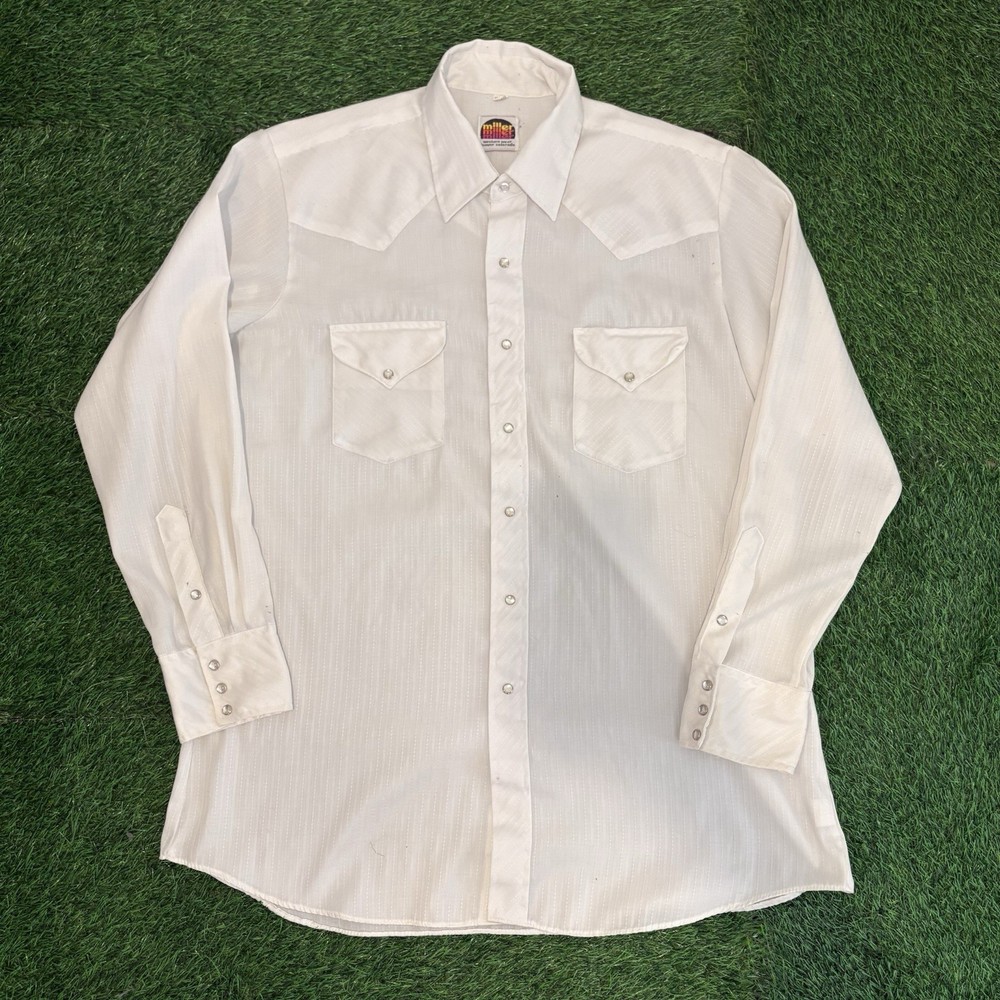 VTG Miller Shirt Mens 17 1/2-35” White Western Pearl Snap Long Sleeve Cowboy