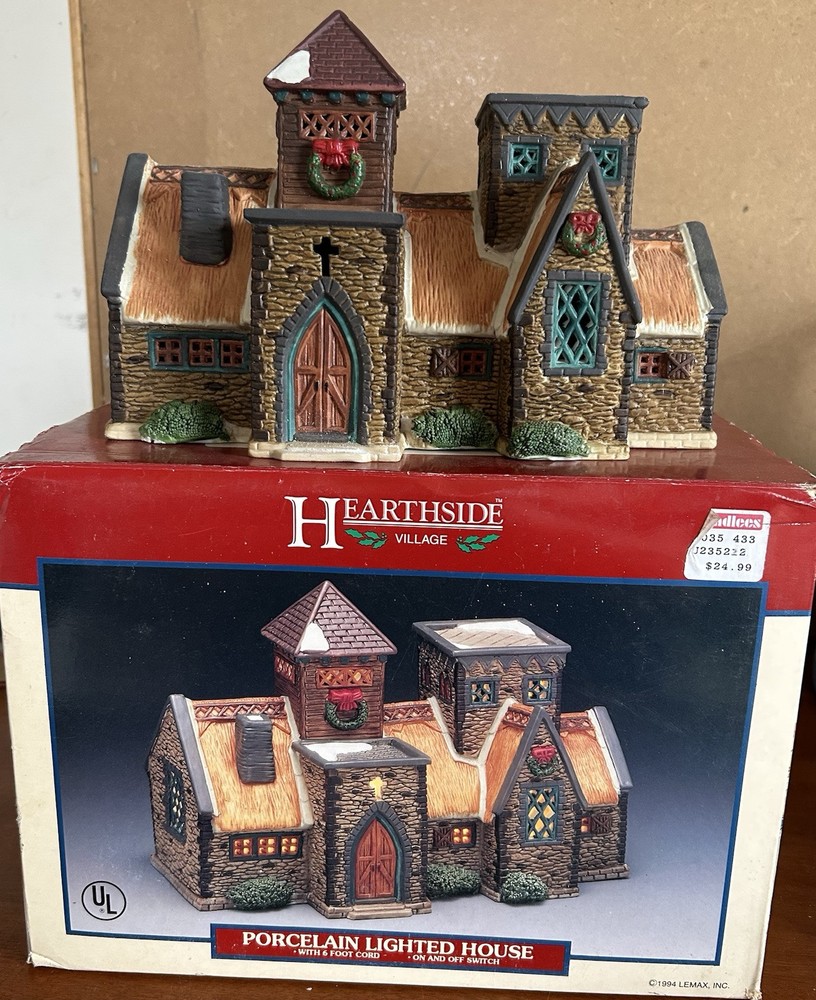 1994 Lemax Hearthside Village Rustic Church Porcelain Lighted House Without Light