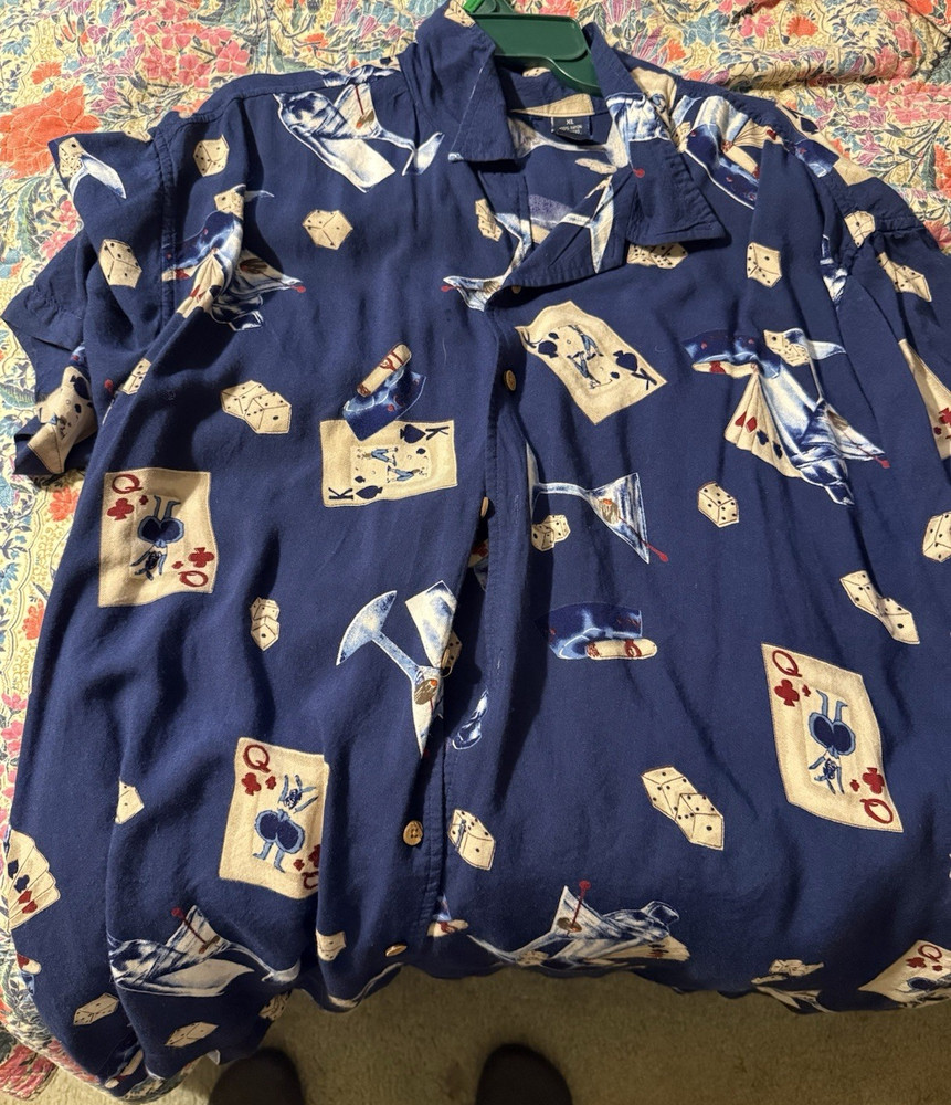 Cherokee Men's XL Blue Rayon Button-Up Short Sleeve Casino Print Shirt