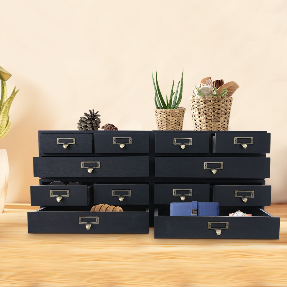 4 Pack 3 Drawer Wooden Desktop Organizer Drawer Storage Box For Tabletop- Black