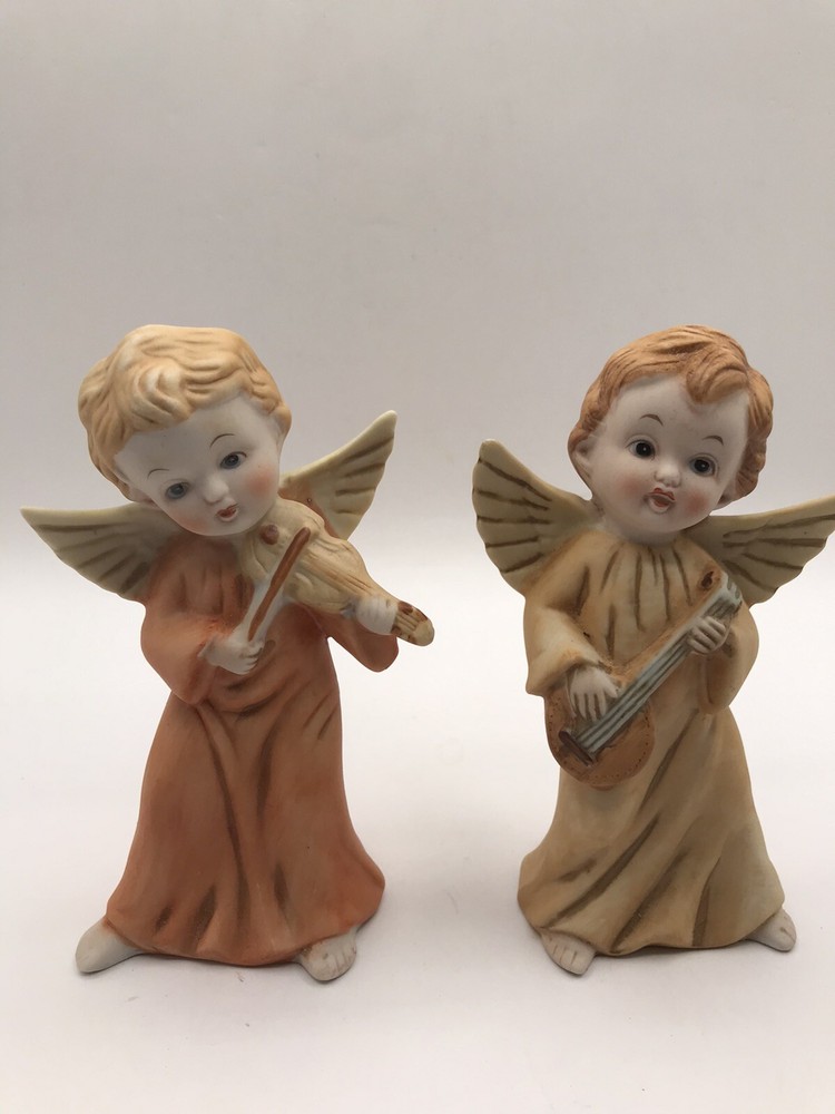 Vintage Christmas Homco Ceramic Angel Figurines Playing Instruments Set Of 2