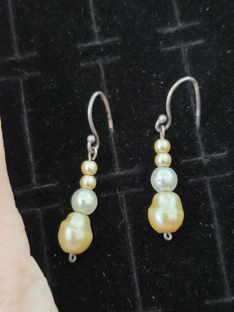 Vintage Sterling Silver Earrings Genuine Yellow Pearl & Crystal Dangles .925