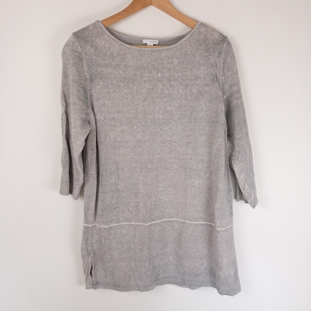 Pure Jill Top Womens Large Petite Gray Tunic 3/4 Sleeve Linen Blend Minimalist