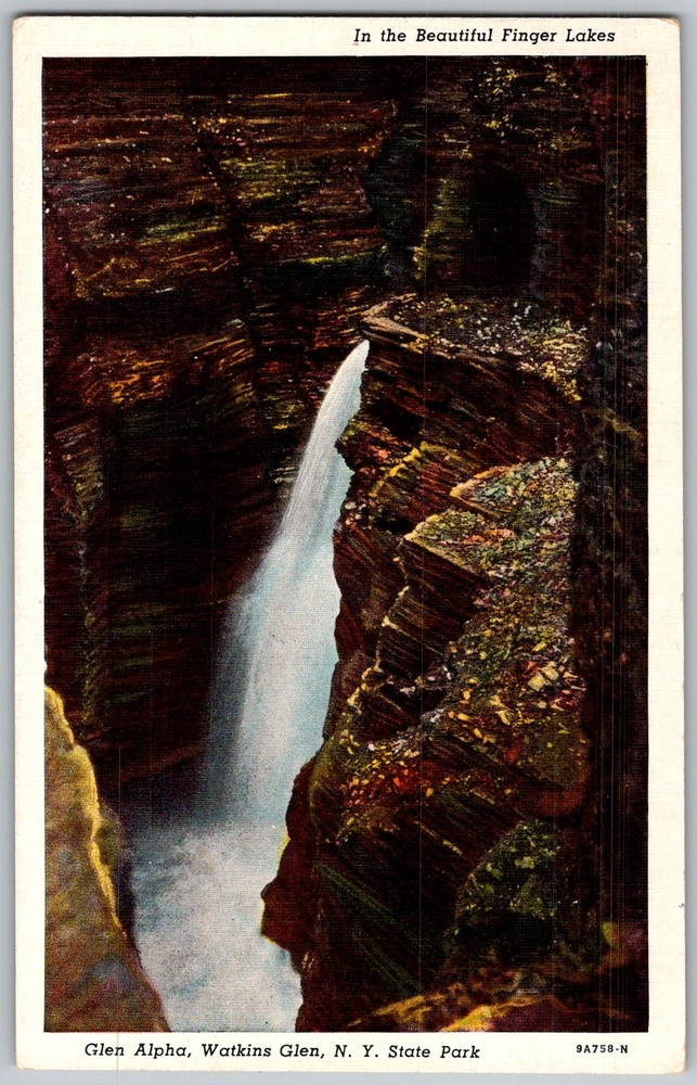 Vtg Linen Postcard Glen Alpha Waterfall Watkins Glen, NY 1930s