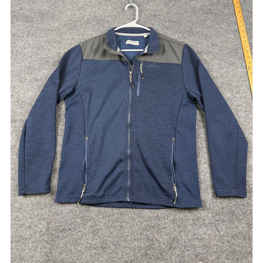 Orvis Mens Full Zip Fleece Jacket Blue Grey Mock Neck Textured Knit Size Medium