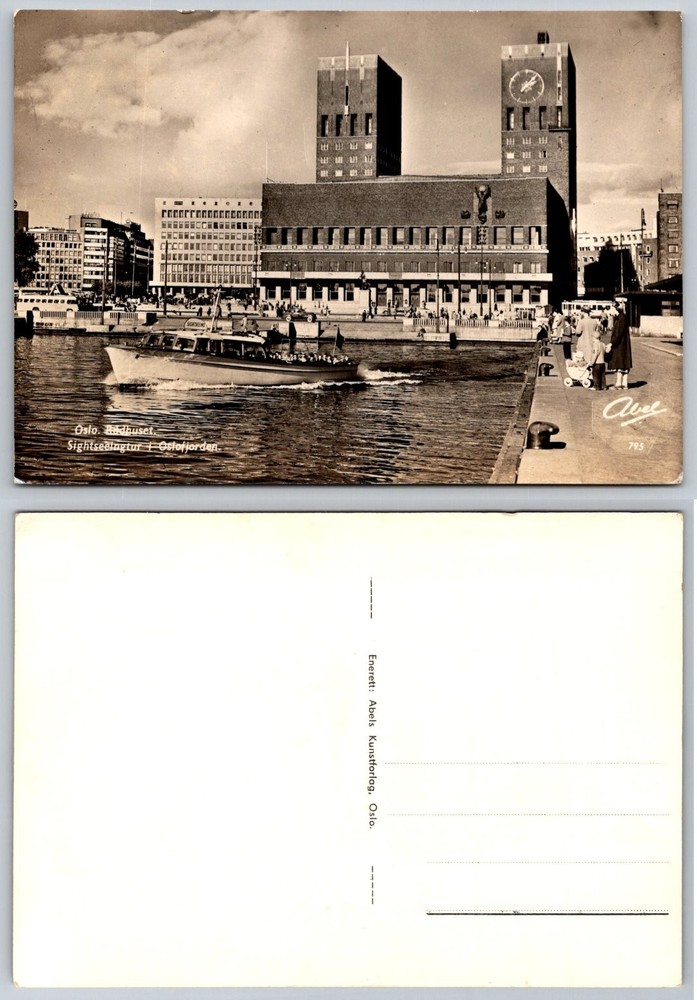 Oslo City Hall Rådhuset Abels RPPC 1950s Sightseeing Boat Oslofjord Norway