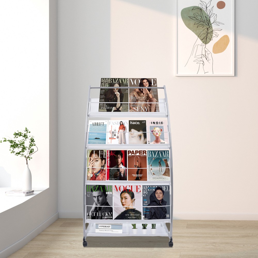 Floor-Standing Magazine Rack Brochure Display Stand with 4 Pockets and Casters