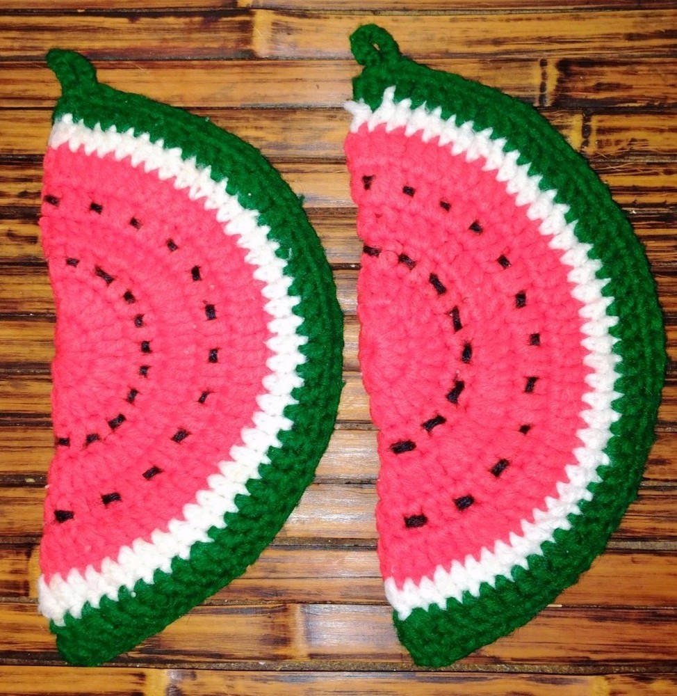 Sliced Watermelon Half Red Green White Black Seeds Handmade Crochet Hot Pads