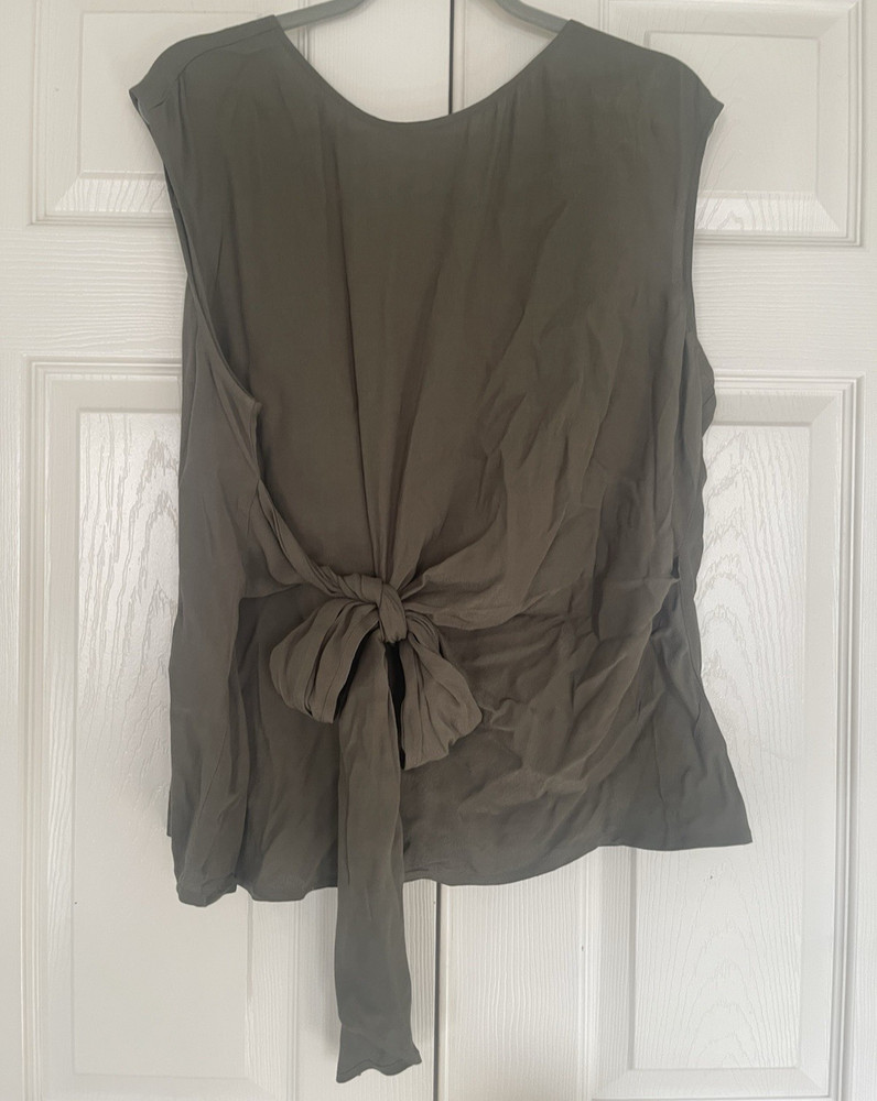 Express Women's L Sleeveless Tie-Front V-Neck Blouse Olive Rayon