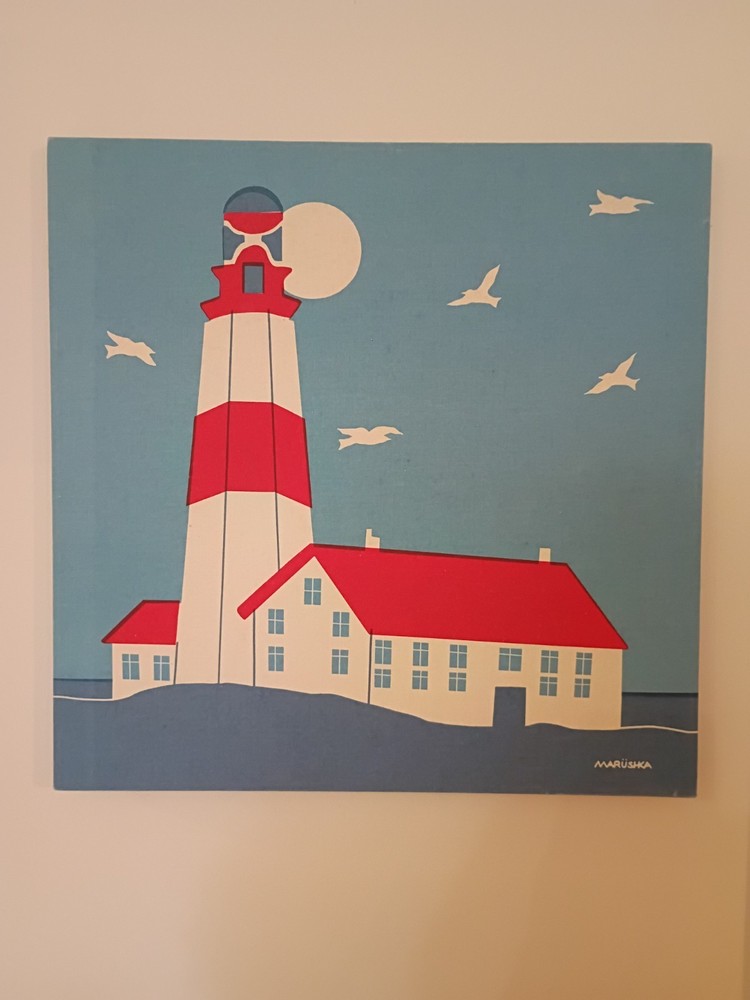 Vintage Marushka Hand Silk Screened Print - Rare Lighthouse And House With Birds