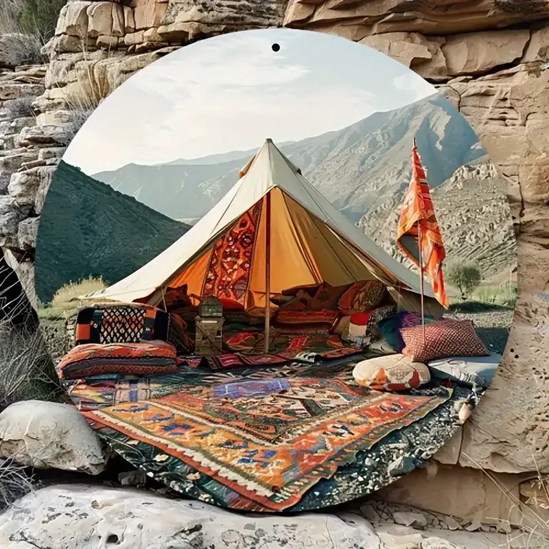 Vintage Camping Scene Round Aluminum Wall Art Tent Mountains