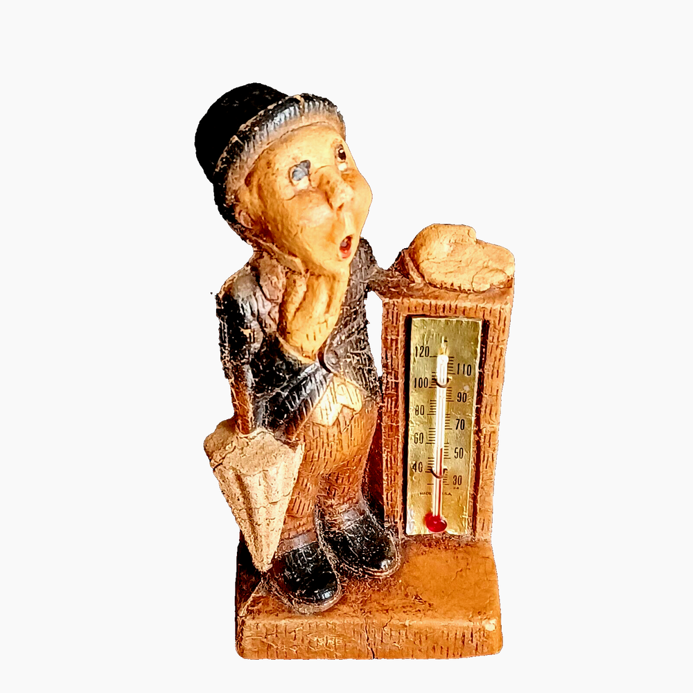 Vintage 1952 Syroco Temperature Gauge Man with Top Hat Umbrella 6 Inch