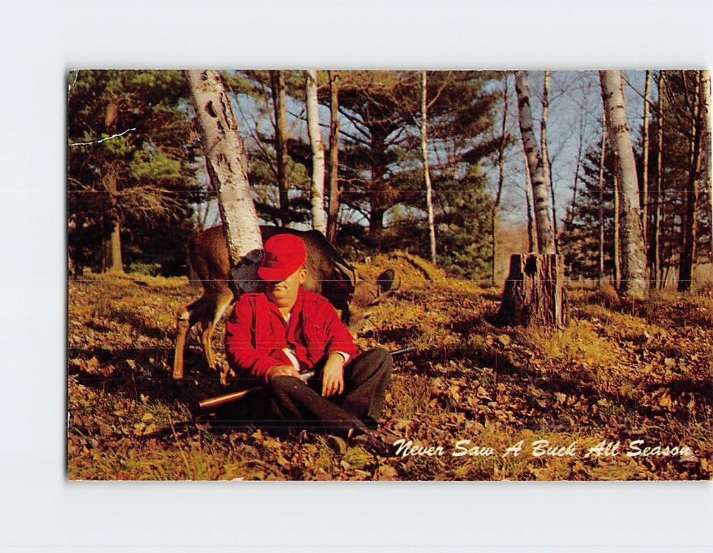 Postcard Hunter and a Buck in the Woods