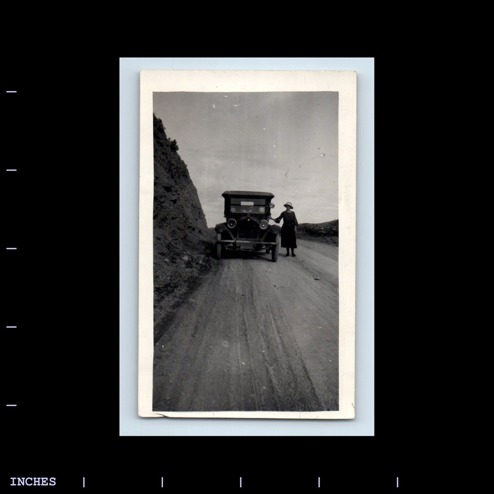 Old Vintage Photo WOMAN BY CLASSIC CAR ON DIRT ROAD
