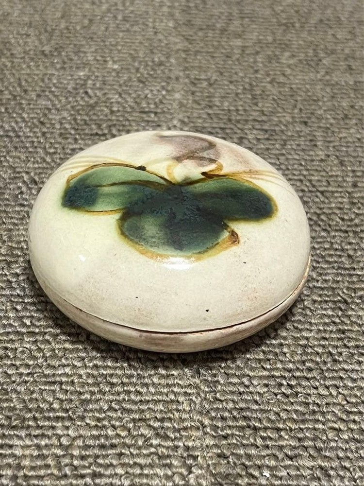 Japanese Incense Container Pottery Case Leaf Design Vintage Ceramic 2.4 inch