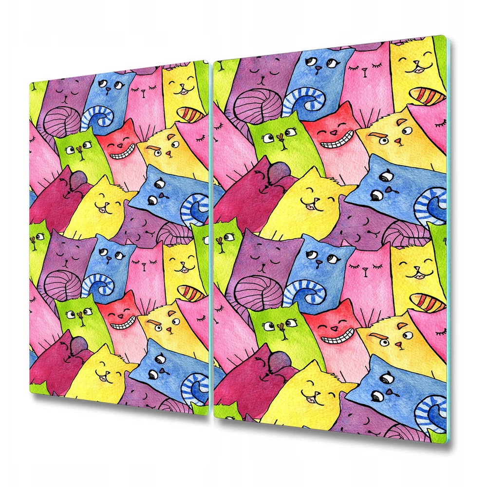 Glass Induction Ceramic Hob Cover Happy Cats Animals Watercolour Pets 2x30x52