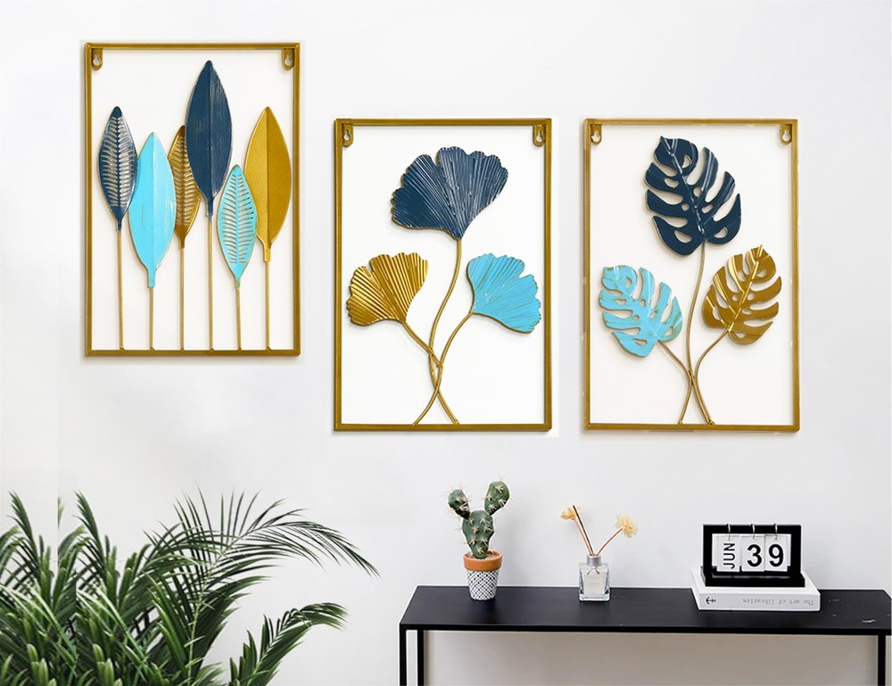 3Pcs Metal Wall Art Decor,Abstract Gold Wall Art Metal Leaf with Frame,17