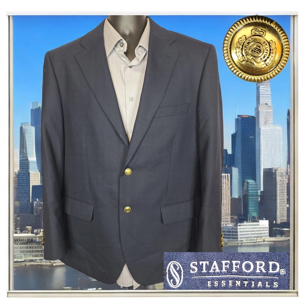 Stafford Sport Coat Blazer Mens 42R Navy Gold Button Single Vented