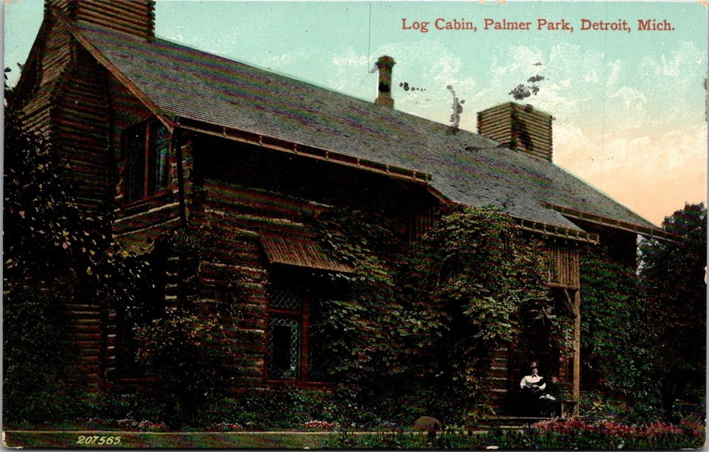 Dr Jim Stamps Postcard Log Cabin Palmer Park Detroit People On Porch C1909