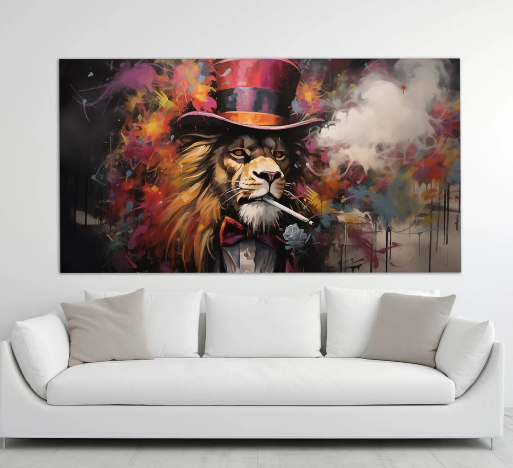 Lion Gentleman with Cigarette Abstract Unframed Canvas Print Australian Wall Art-image