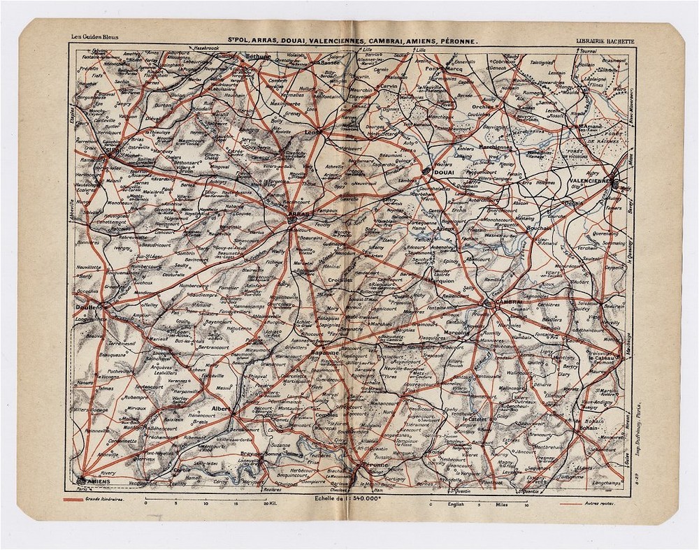 1930 Original Vintage Map Of Vicinity Of Arras Valenciennes Cambrai France