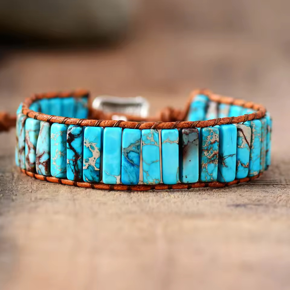 Braided Bracelet Natural Turquoise Tube Leather  for Protection Healing Handmade