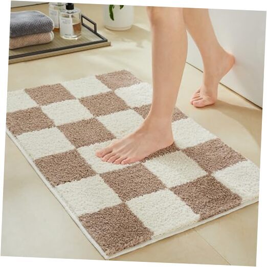Luxury Microfiber Checkered Bathroom Rugs, Checkerboard Bath Mat 26x16 Beige