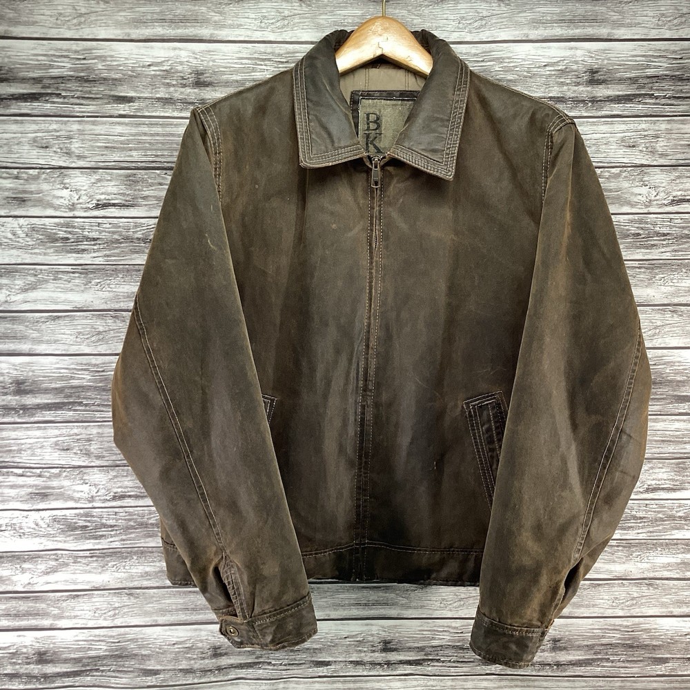 BKE Buckle Jacket Mens XL Patina Brown Waxed Cotton Moto Bomber Full Zip