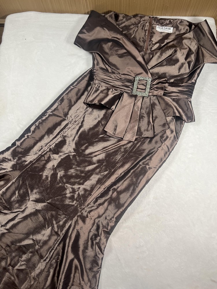 Satin Formal 2 Piece Set Womens Medium Brown Top Skirt Rhinestone Belted Maxi