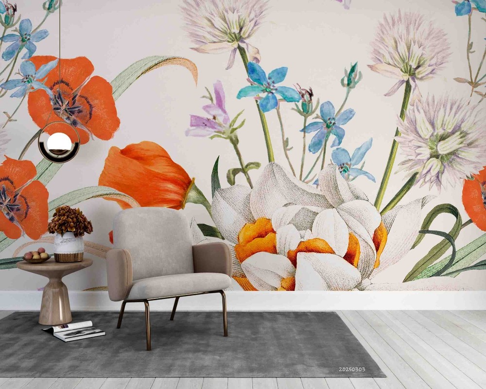 3D Flowers Flora Watercolor Wall Murals Wallpaper Murals Wall Sticker